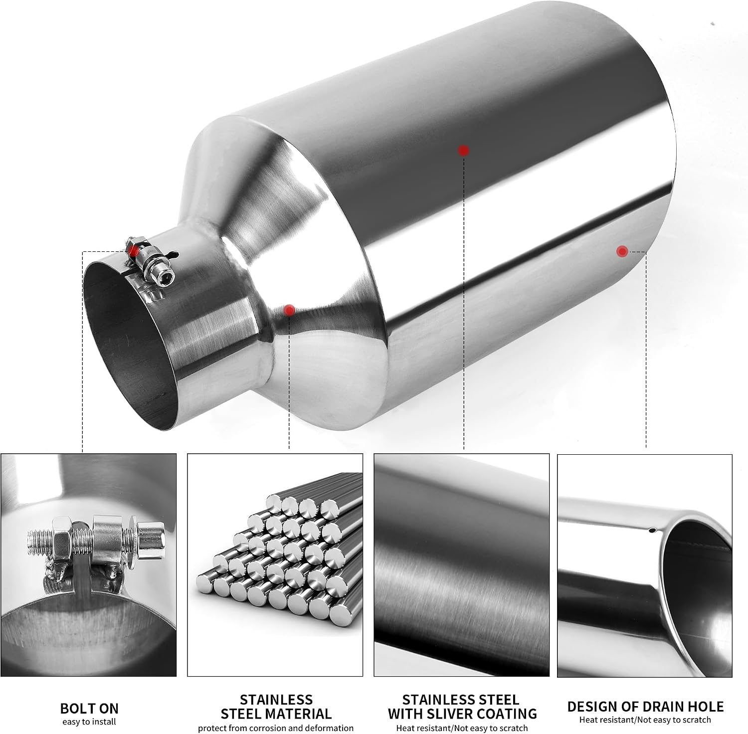 Richeer 4 to 10 inch Exhaust Tip,4" Inlet 10” Outlet 18” Overall Length Stainless Steel Exhaust Tip Surface Polished Finish Universal for Vehicles with 4" O.D. Exhaust Tailpipe, Rolled Edge, Bolt on
