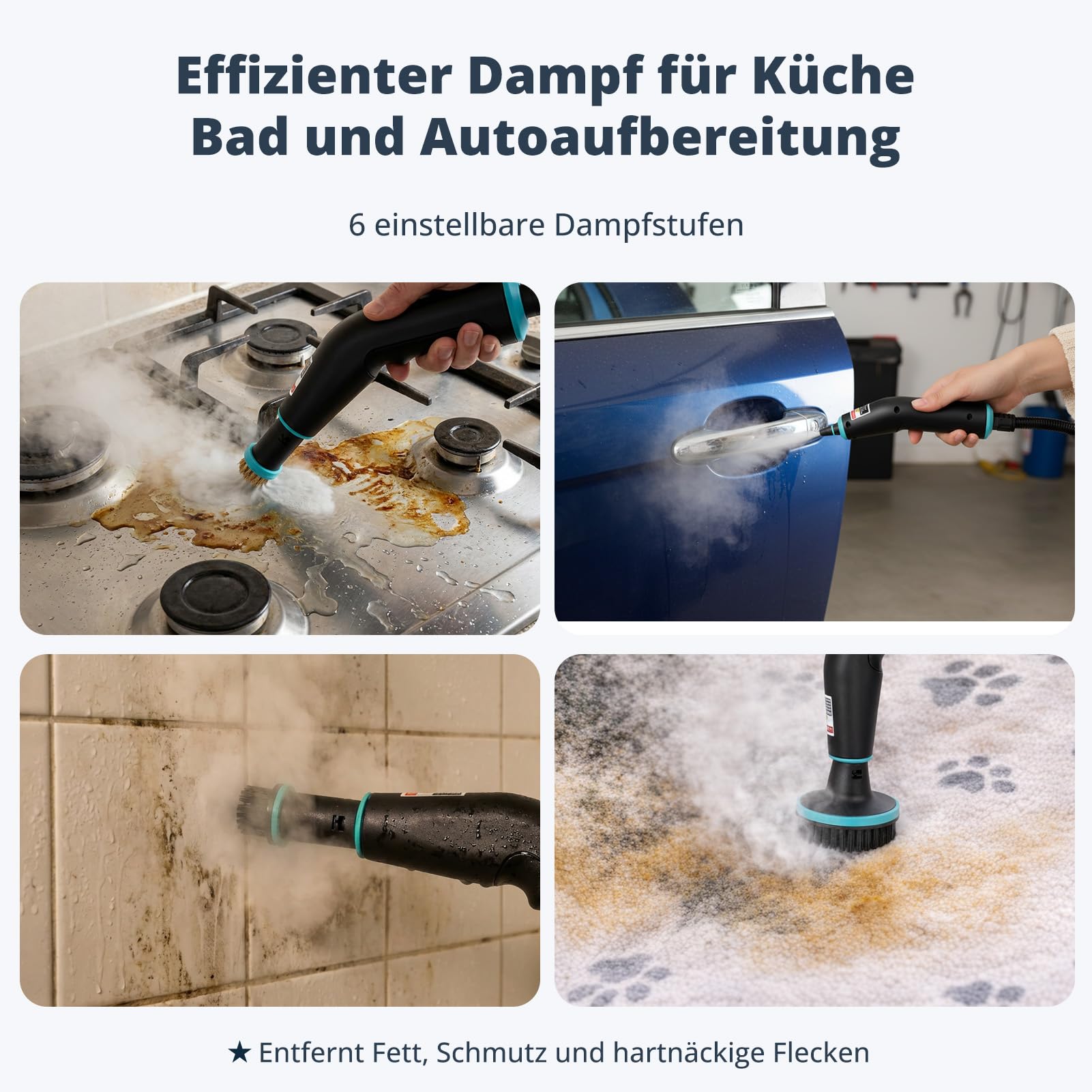 2500W Handdampfreiniger mit 4 Bar Druck – 15 Sek. Aufheizzeit, 105°C Dampftemperatur, 1250ml Wassertank, 6-stufig regelbar, inkl. 23 Aufsätzen für Küche, Bad, Auto & Fliesen