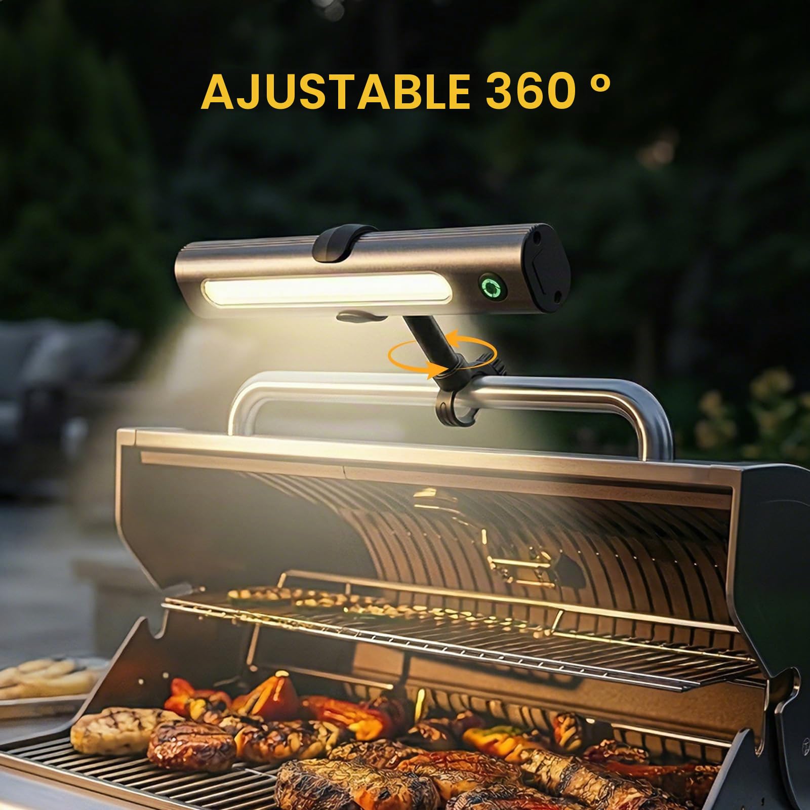 MQFORU Luz de parrilla LED 300 lúmenes, recargable por USB-C 2000mAh, lámpara de parrilla giratoria 360° con soporte, lámpara de parrilla magnética, iluminación de parrilla de acero inoxidable para