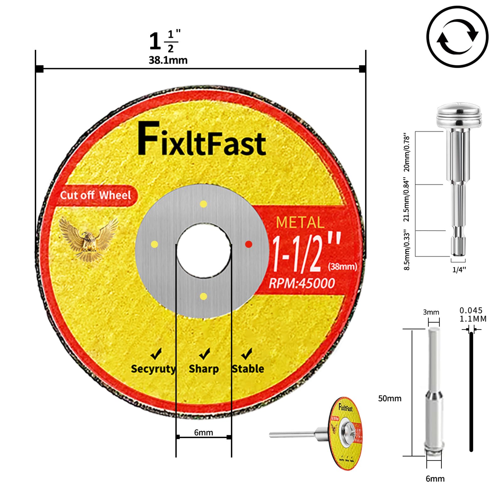 FIXLTFAST Trennscheibe aus glasfaserverstärktem Metall, 3,8 x 0,3 cm, für Drehwerkzeug-Zubehör, inklusive Spanndornen, 11 Stück