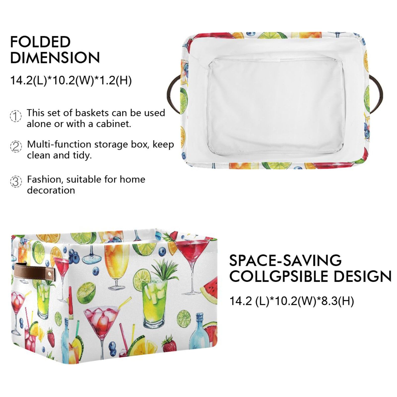 PaChyLuu Watercolor Cocktail Pattern Storage Basket Bin Canvas Fabric Organizer Toys Basket with Handles for Home Office Nursery, Clothes, Gifts, 2 Pcs