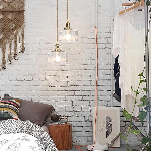 Miniatura 2 de Lámpara colgante vintage con enchufe, lámpara colgante de vidrio a rayas verdes con interruptor de encendidoapagado, perfecta para isla de cocina,