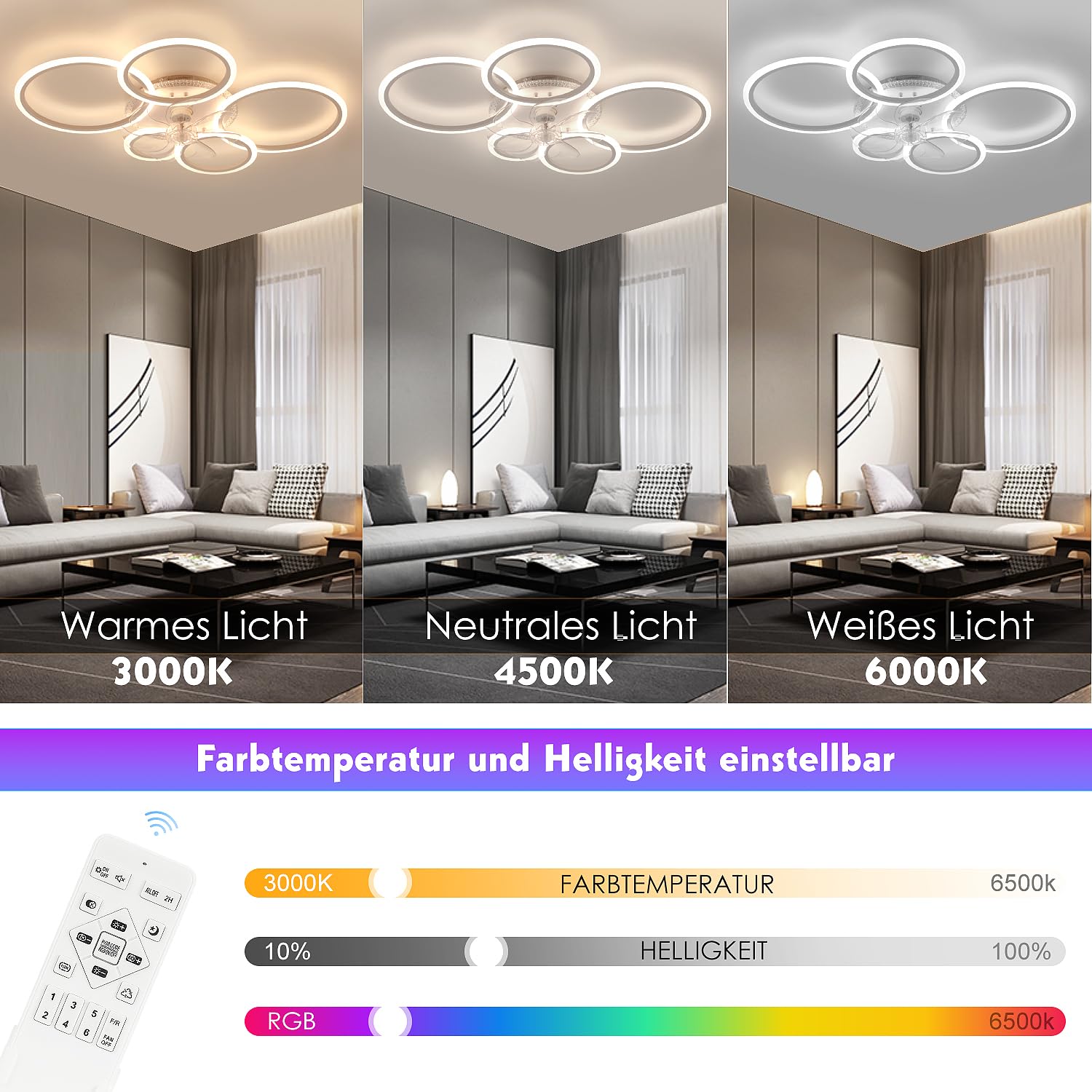 RGB LED Deckenventilator mit Licht, Leiser Ventilator dimmbar, Farbwechsel | Deckenlampe 96cm Fernbedienung, 6 Stufen, Timer & Reversierfunktion, Deckenleuchte für Schlafzimmer, Kinderzimmer Wohnzimmer