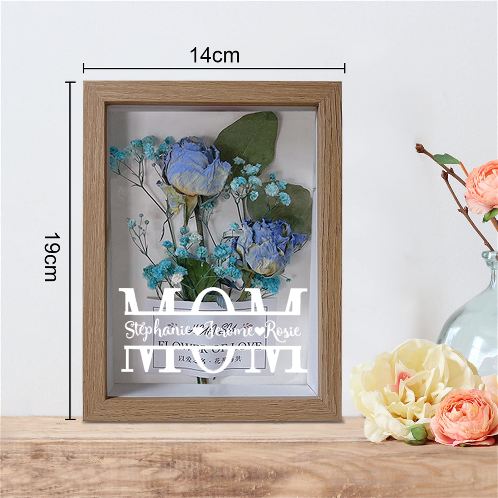 Boîte D'Ombre Fleurs Personnalisée Fête Des Mères – Avec Texte 'Maman' Ou 'Grand-Mère' + Nom Enfant, Roses Éternelles