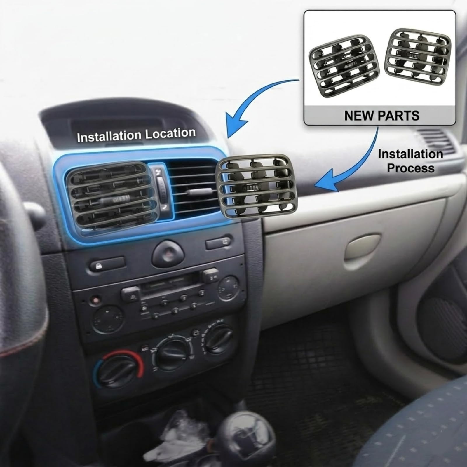 Twowinds - Griglia di Ventilazione 7702258280 Compatibile con Renault Clio 2 (1998-2001) Thalia (2001-2006) - Sinistra e Destra - 7702258279 - Bocchette Cruscotto - Aria Condizionata - Nero (2 pezzi)