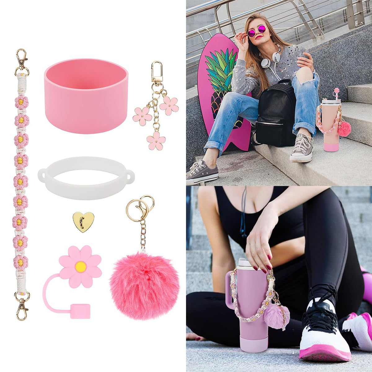 Stanley - Set di accessori per tazze, include 1 manico per bottiglia d'acqua, 1 stivale in siliocne Stanley Cup 1 copertura per cannuccia in siliocne, 2 ciondoli Stanley per bicchieri Stanley Cup da