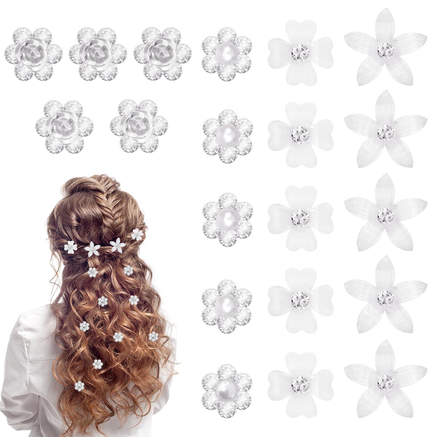 20 Pieces Small Flower Hair Clips, Mini Rhinestone Hair Pins, Bridal Wedding Hair Accessories for Women and Girls(Silver&white)