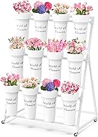 VGMiu 3-Layer White Metal Flower Display Stand with 12 Buckets & Wheels - Mobile Cart for Weddings, Gardens, Parties