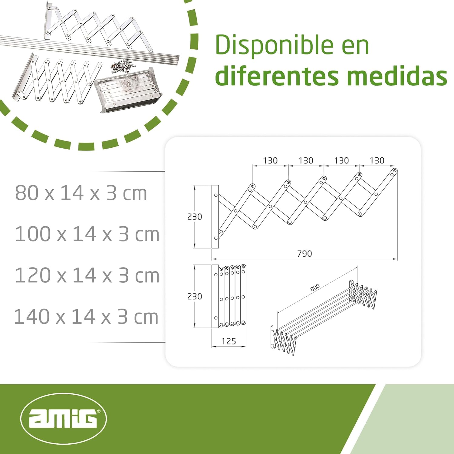 Amig - Extendable Wall Clothes Airer | Made of High-Strength Aluminium | Stainless Steel Surface | Dimensions: 80 x 14 x 3 cm | Foldable Clothes Airer | Outdoor Clothes Airer