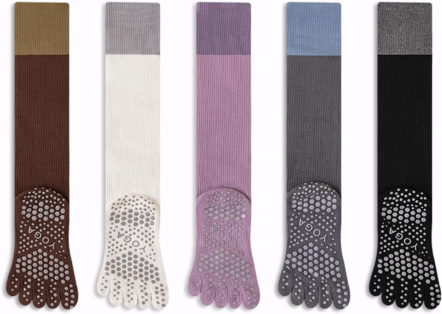 Women’s Yoga Pilates Toe Cotton Crew Socks, Non-Slip Breathable Moisture-Wicking Barre Gift 3/5-Pair