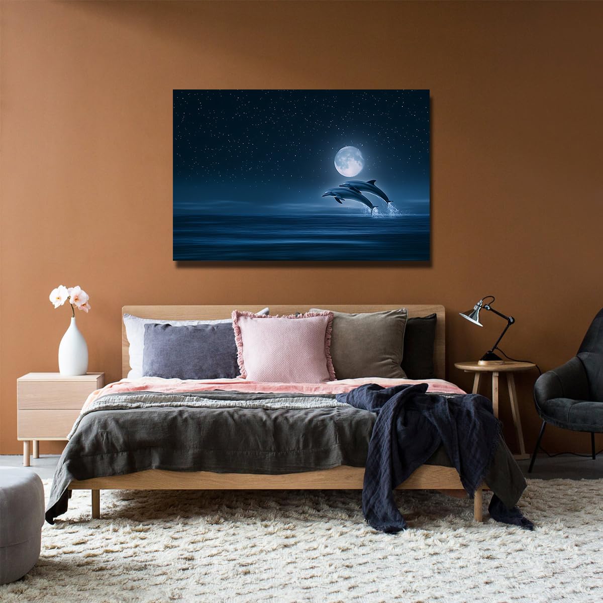 CHERHERART Delfin Skaczący w świetle księżyca płótno sztuka ścienna nocna niebieski plakat na płótnie do sypialni salon biuro domowe pokój dziecka 60x90cm rama wewnętrzna
