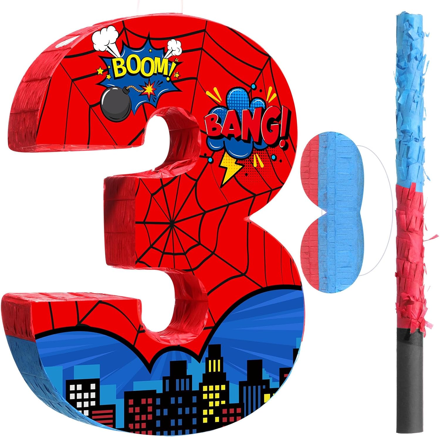 Capoda Number 3 Spider Piñata Bundle with Blindfold and Bat Spider Birthday Party Piñata for Birthday Party Decoration, 16.14 x 12.32 x 2.76 Inch