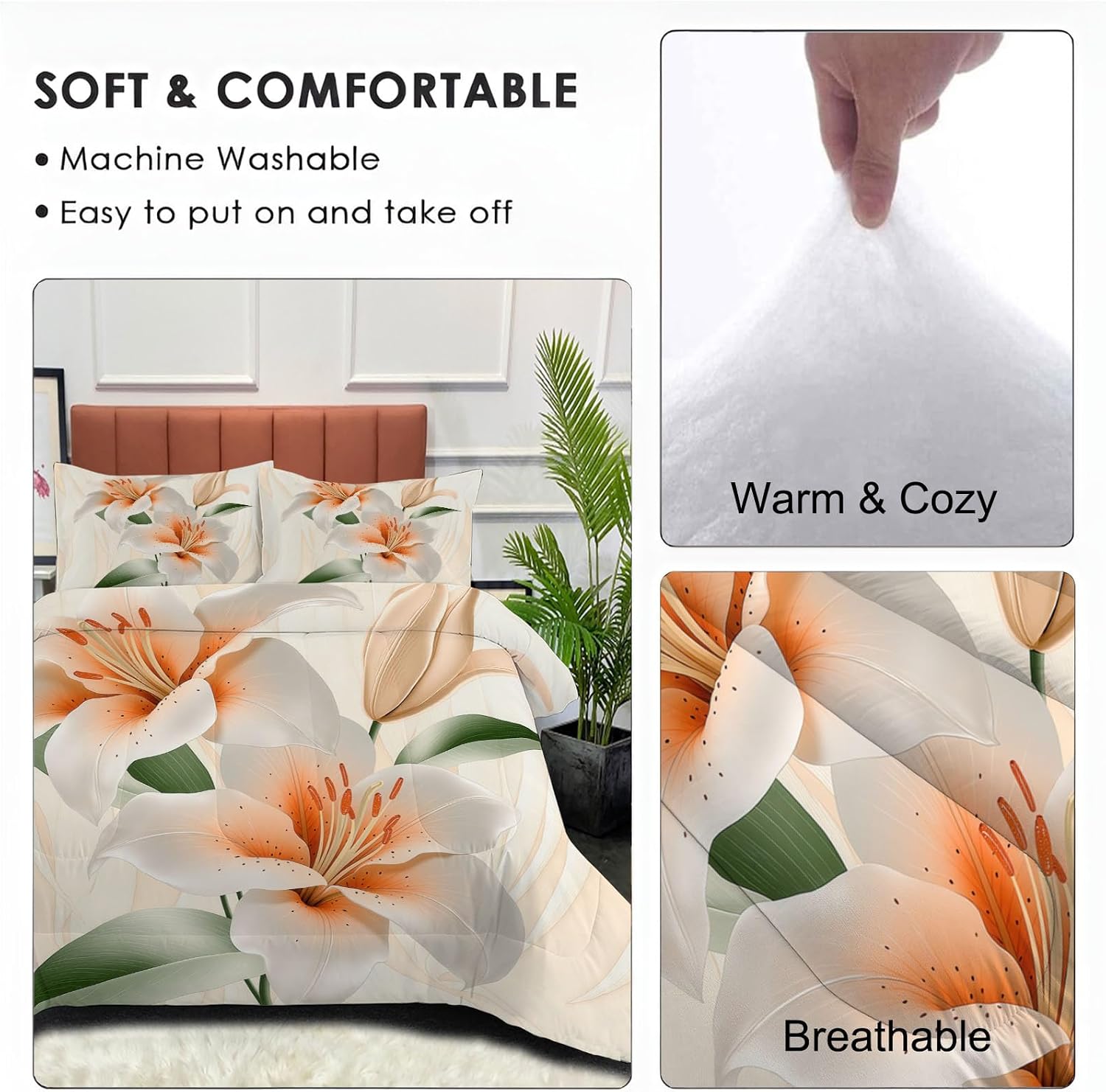 Fresh Flowers Comforter Set King Size, 3D Lily Bedding Set for Girls Boys, Cream Quilt Bed 104"X90" Bedding Comforter Sets with 2 Pillowcase Room Decor