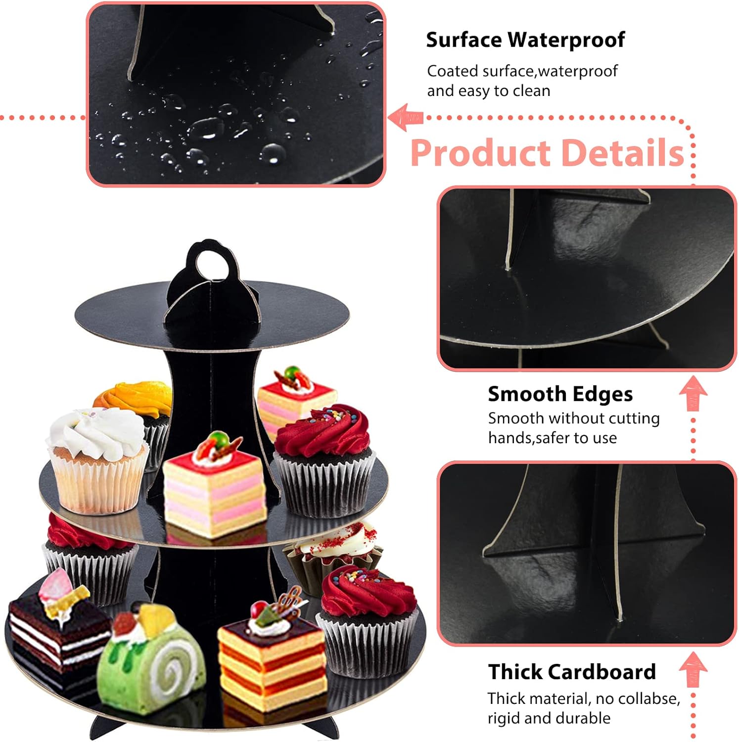 1 Pack Cardboard Cupcake Stand Round 3 Tier, Black Cupcake Holder Tower