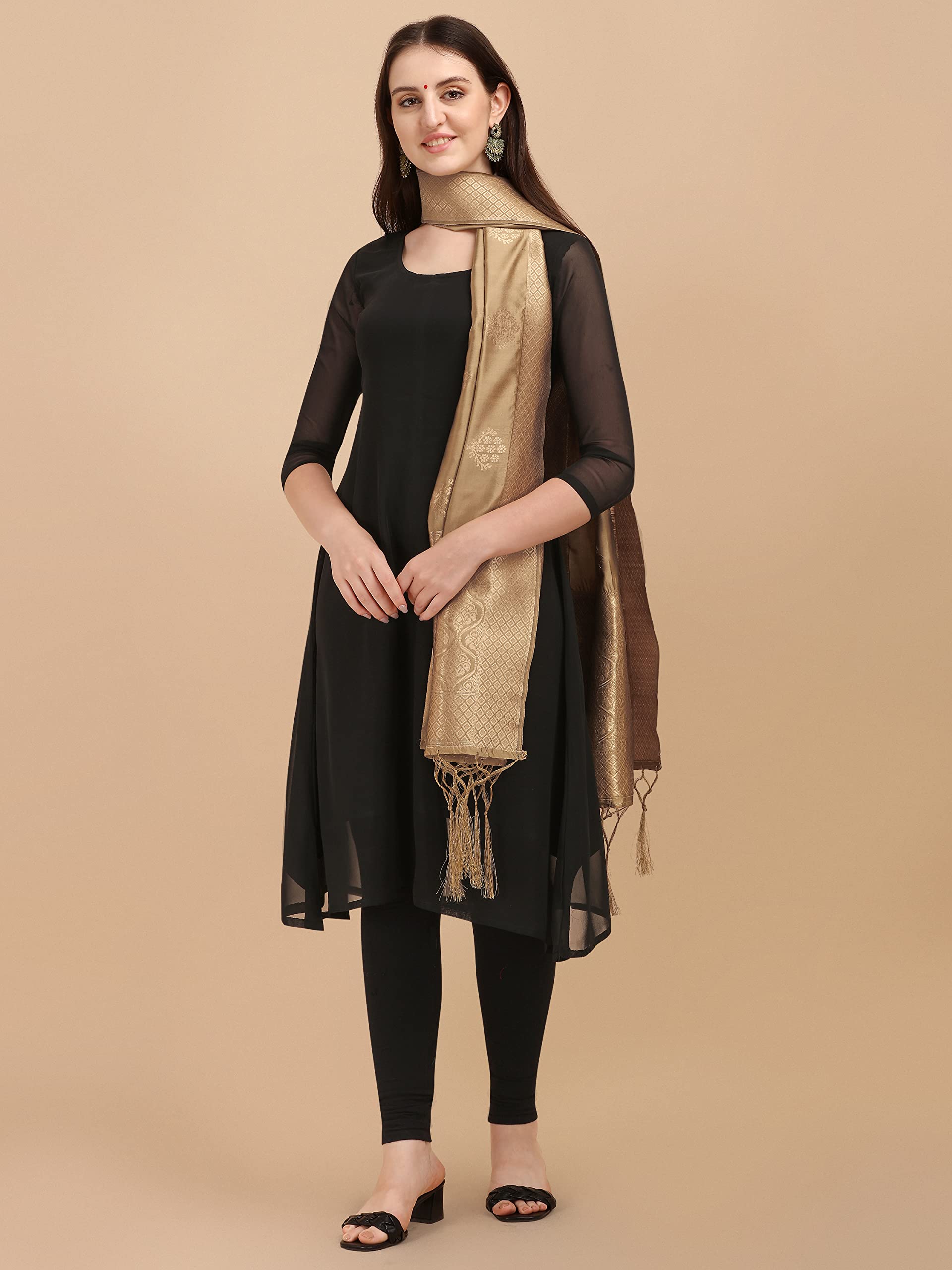 DEVANGI Women's Woven Banarasi Silk Zari Dupatta/Chunni, Width 1 Meter, Length 2.5 Meter (OM-DT-07-CHIKU) 2