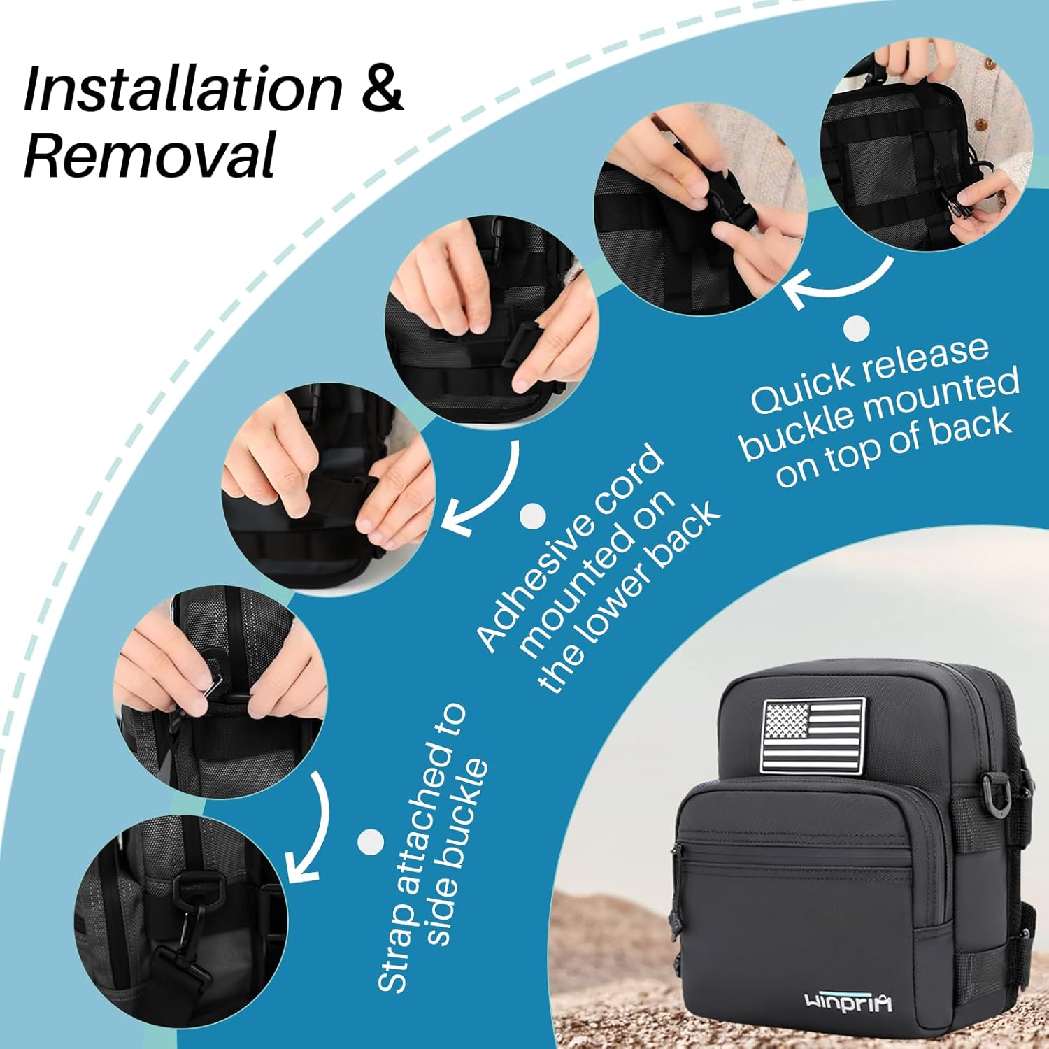 Handlebar Storage Bag for Motorcycles – Waterproof 1680D Utility Pouch with Flag Patch – Small Size for Crossbar or Shoulder Use (Bright Black)