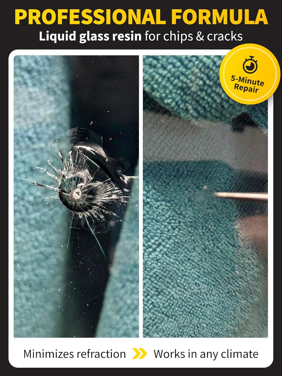 GlasWeld Windshield Repair Resin – Liquid Auto Windshield Chip Repair Kit for Glass Crack & Damage – Amber Tint for Reduced Visibility – All-Weather Liquid Resin with Zoom Injector & UV Curing Lights