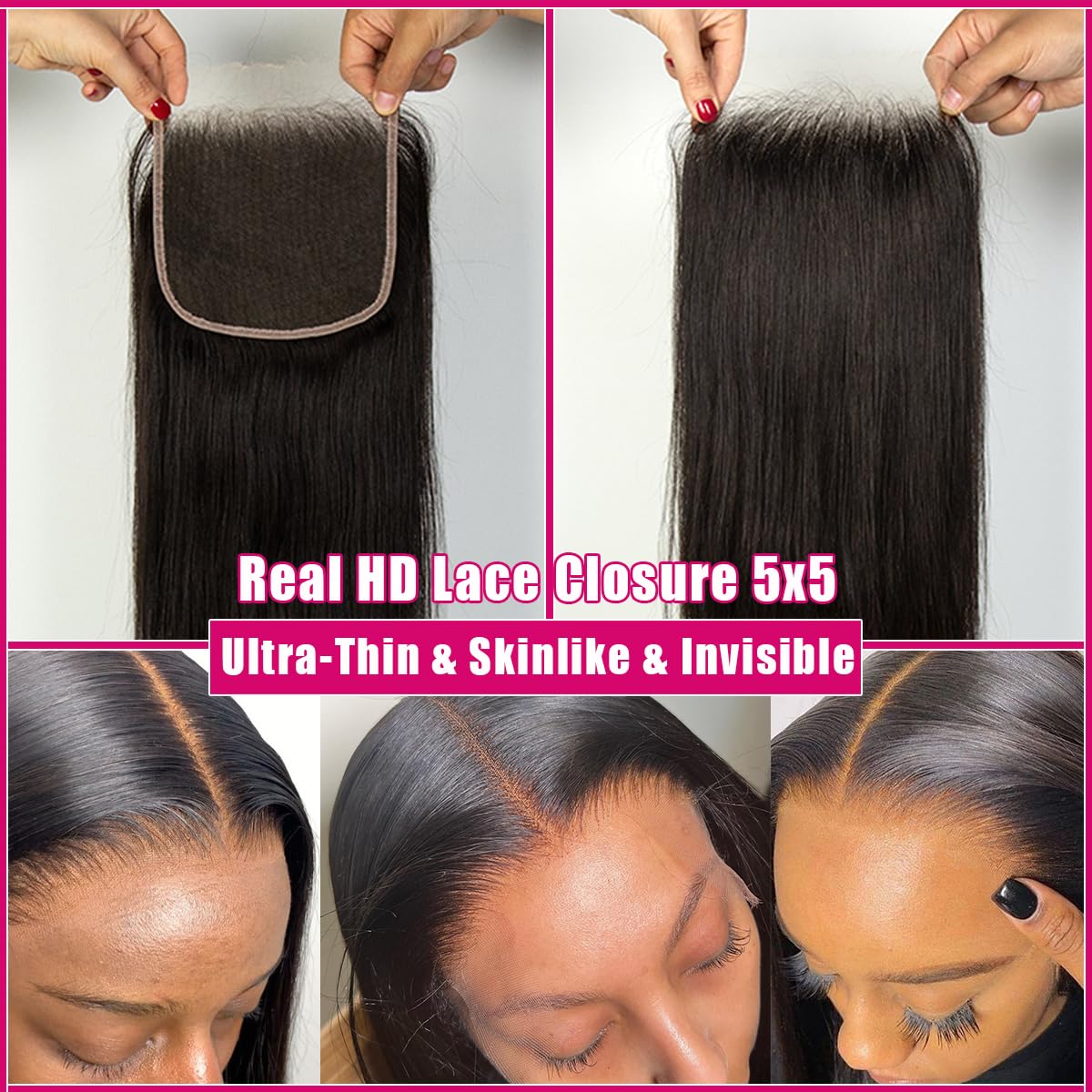 5x5 Real HD Lace Closure, 0.11mm Skinlike Invisible Swiss HD Lace Pre Plucked with Baby Hair Straight Human Hair Closure Undetectable Melted Lace Closure Natural Hairline Free Part 16Inch