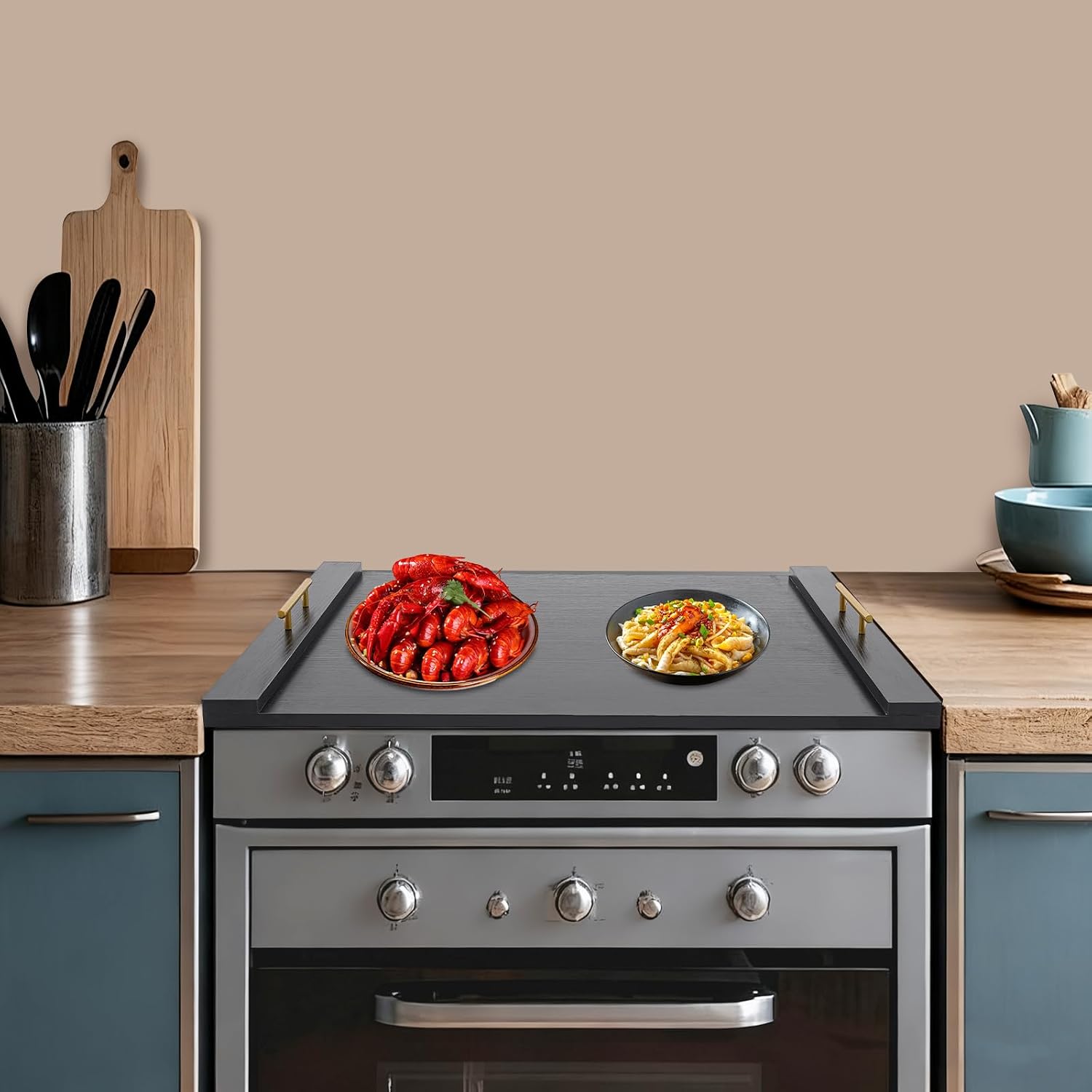 Noodle Board Stove Top Cover, 30" x 22" Heavy-Duty Wooden Stove Cover for Electric Stove with two sturdy handles, Gas Stove, Wooden Decorative Rustic Kitchen Serving Tray (Black)