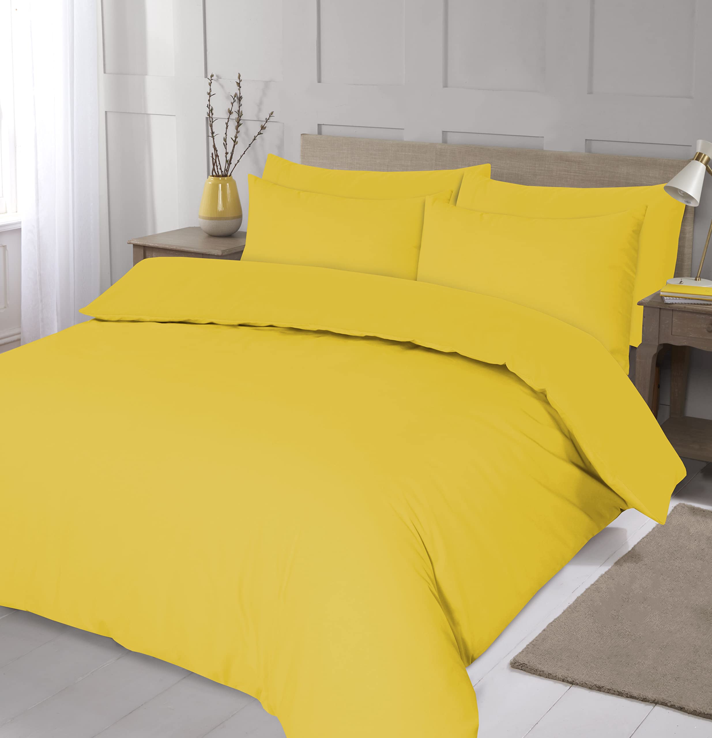 Home Living NON IRON Luxury Easycare Plain Dyed Duvet Cover & Pillow Case(s) Bedding Set (Yellow, King) — image 1