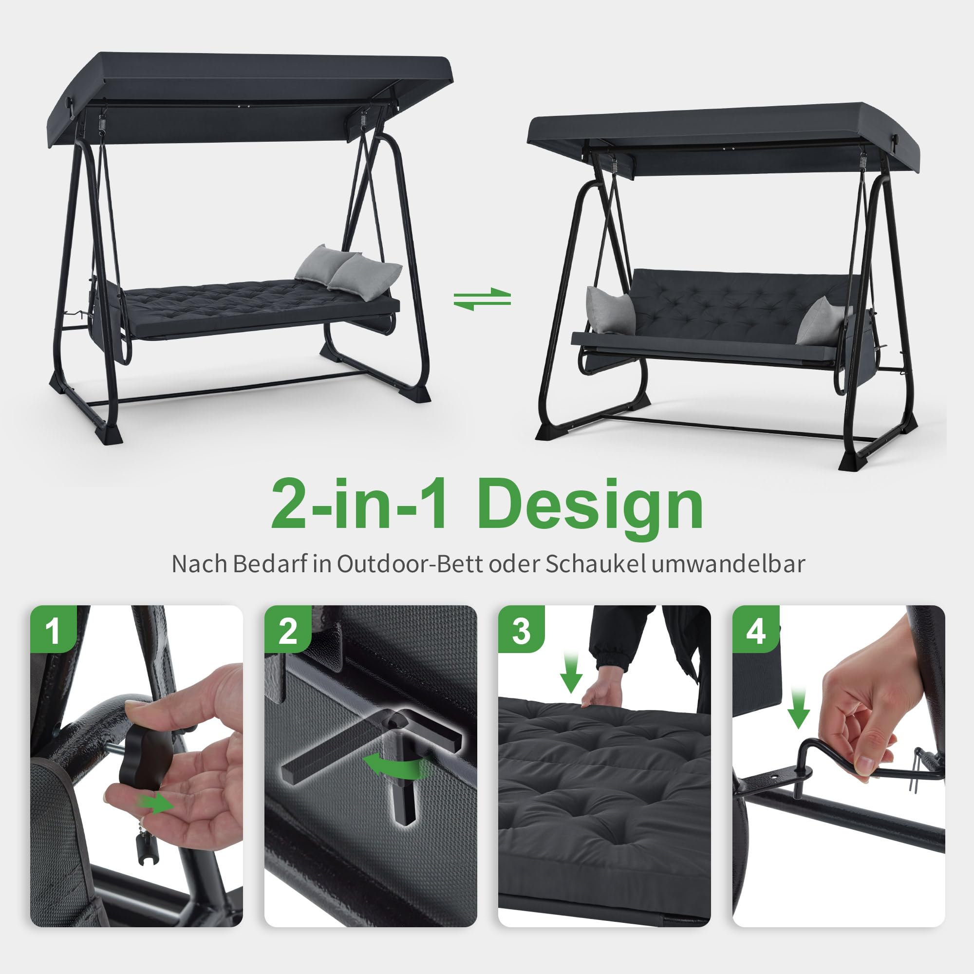 M MCombo Balancín de 3 plazas con función de Cama, Cojín Extra Grueso & Ganchos silenciosos, Capacidad 360 kg, 210x125x187 cm, Banco de jardín Resistente a la Intemperie 4071 (Gris Oscuro)