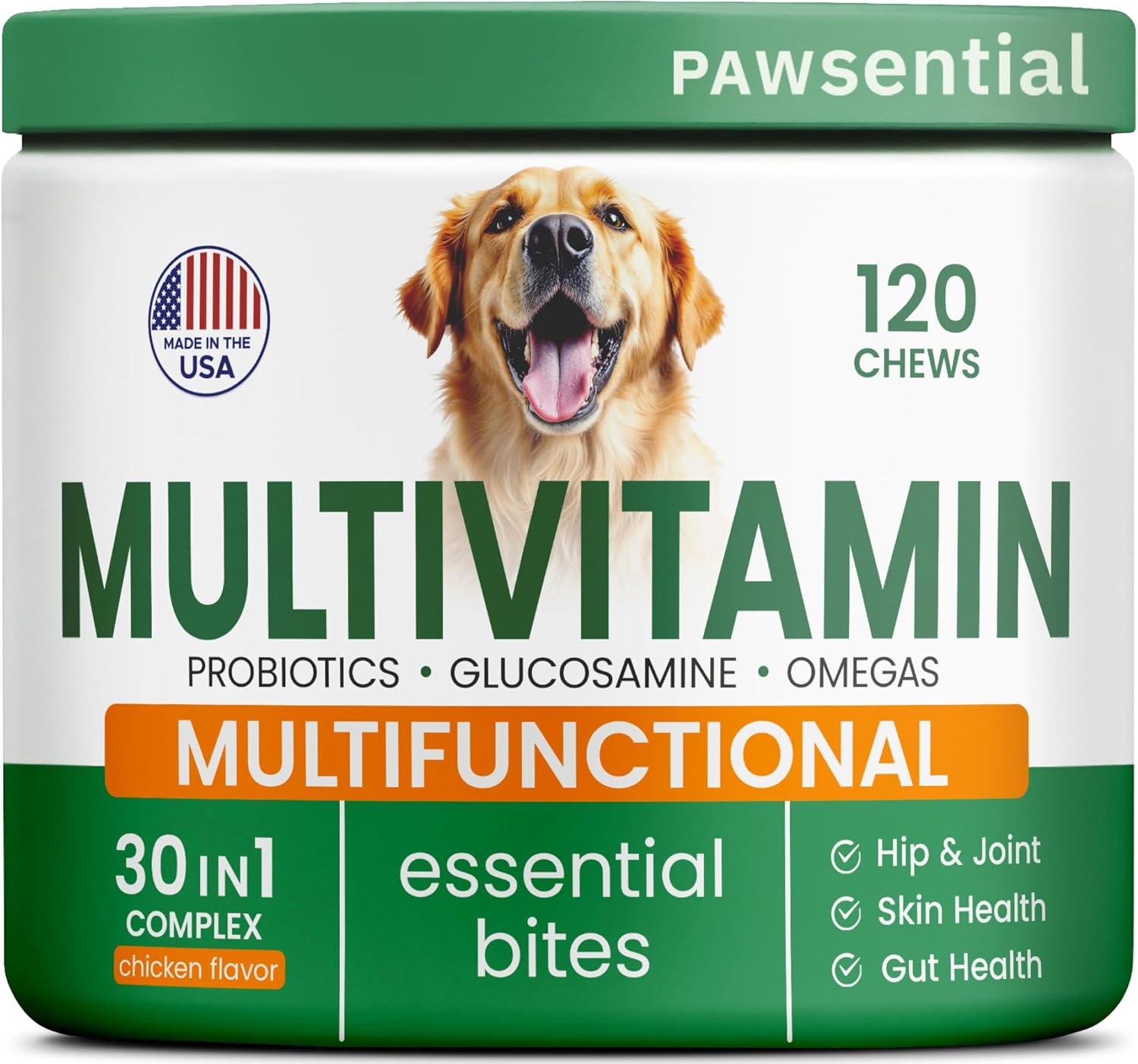 Dog Vitamins + Glucosamine – Chewable Multivitamins + Probiotics, Omega – Hip & Joint Support, Skin & Coat, Gut Health – Adult & Senior – Large & Small Breed – 120 Chews