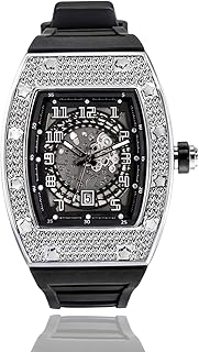 ICEDIAMOND Bling CZ Diamond Skeleton Barrel Dial Quartz Watch, Iced Out Day Calendar Hip Hop Fashion Watch for Men, Black-Silver, Fashion