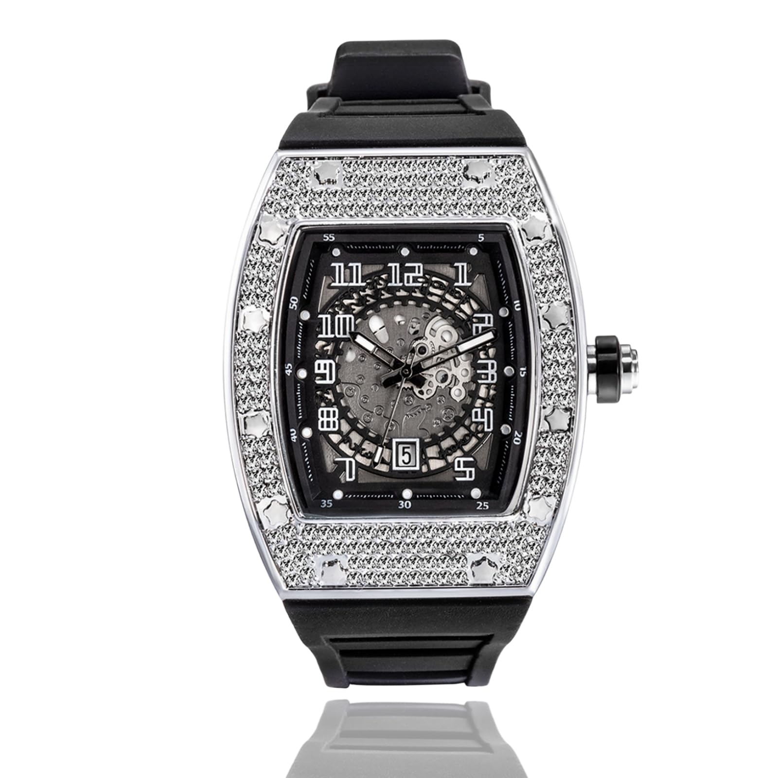 ICEDIAMOND Bling CZ Diamond Skeleton Barrel Dial Orologio al quarzo orologio da uomo con calendario giorno ghiacciato Hip Hop Fashion Watch, Nero-argento, Moda