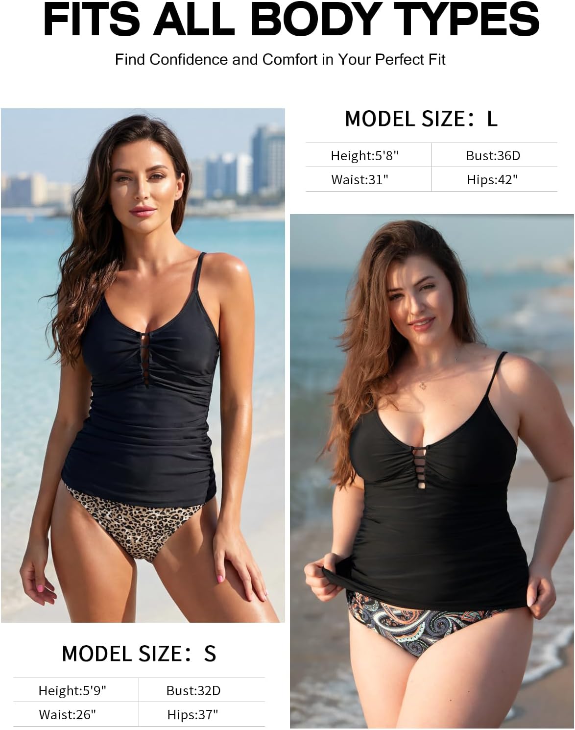 RELLECIGA Women's V Neck Tankini Top Ruched Tummy Control Swimsuits Top