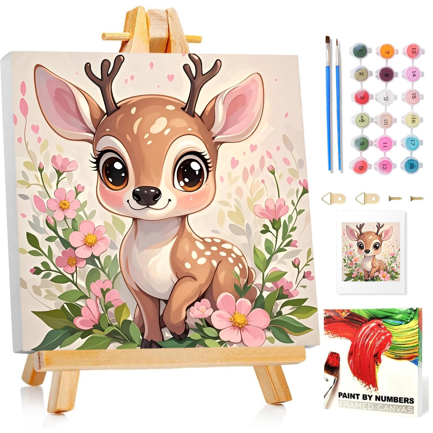 Paint by Numbers for Children with Frame and Woodeen Easel, Deer Painting by Numbers Kits for Kids Ages 4-8-12, DIY Deer Acrylic Oil Painting for Home Wall Art Decor Gift 7.8x7.8Inch