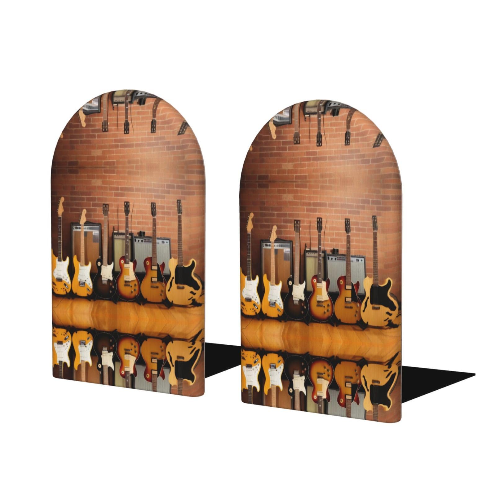 Guitar Collection Stylish Bookends with Full-Print Design Durable Wooden and Metal Bookend Set for Home, Office