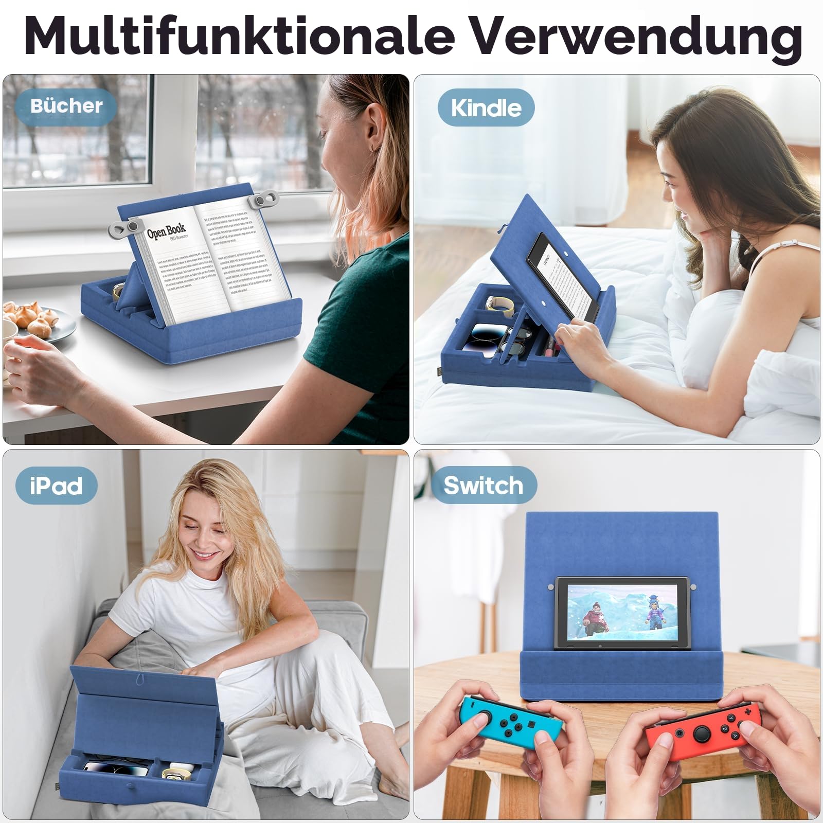 KDD Buchständer Bett Kissen mit Aufbewahrung, Faltbare Buchhalter Leseständer & Buchkissen für Schoß Bett Küche Tisch Kinder, Tablet Kissen Halter für Buch Tablet Handy E-Reader Buch Zubehör, Blau