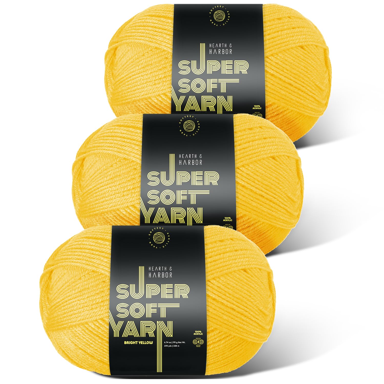 Acrylic Yarn for Crocheting &amp; Knitting – Soft Crochet Yarn for Crocheting, 3 Pack of 370 Yards, Perfect for Crafts &amp; Amigurumi, Medium Worsted Weight 4, Bright Yellow