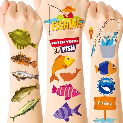 Glenmal 72 hojas de 680 piezas de tatuajes temporales de pesca para fiestas temáticas de cumpleaños, calcomanías de tatuaje de pescador, suministros