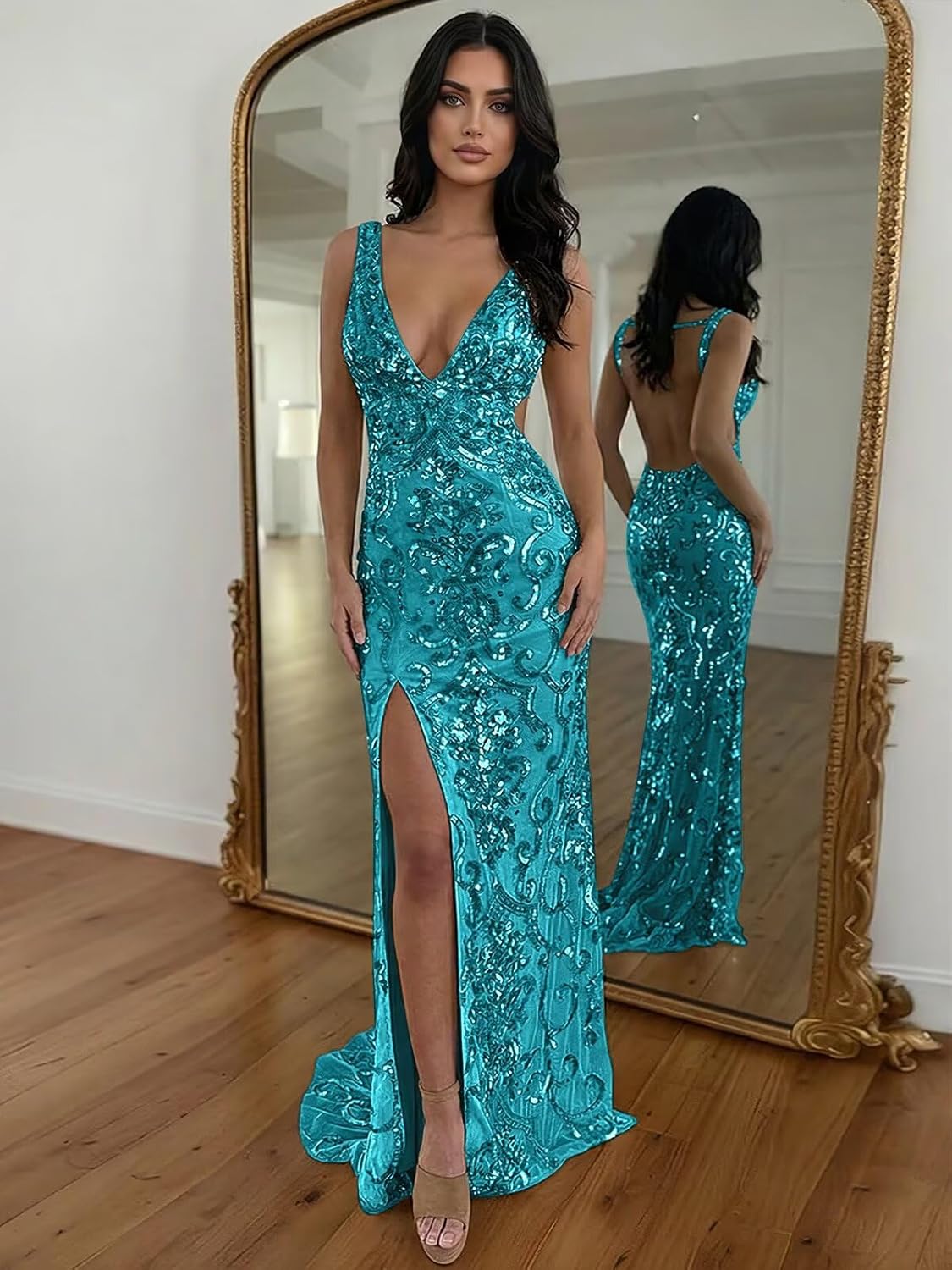 RYANTH Sparkly Sequin Prom Dresses for Women Long Mermaid V Neck Formal Dress Backless Cocktail Party Gown with Slit