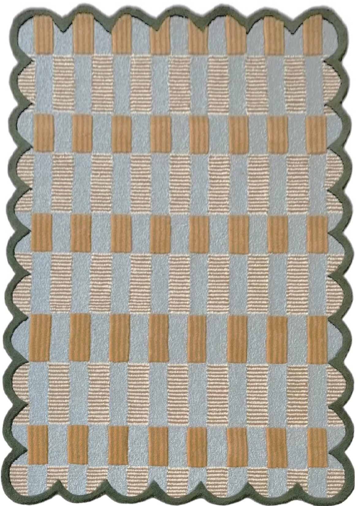 Matilda Goad Plaid Scallop Wool Hand Tufted Area Rug, Luxurious Designer, Anro Irregular Cozy Soft Area Rug for Bedroom, Living Room or Hallway| Handmade Modern Accent Rug (Light Blue, 4x6) 4' x 6' (Rectangular) Blue