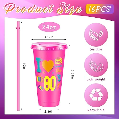 Miniatura 2 de Uiifan 16 vasos reutilizables de cumpleaños de los años 80 con tapas y pajillas, multicolor, de 24 onzas, suministros divertidos para fiestas de los