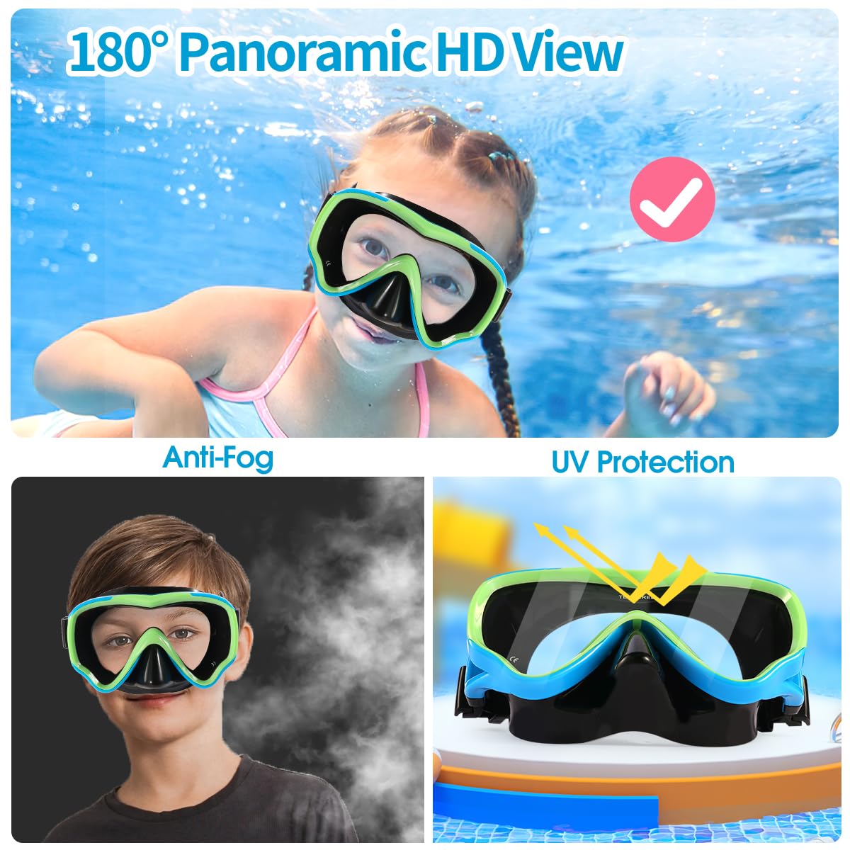 Máscara de buceo para niños, antivaho y antifugas, gafas de esnórquel, impermeables, duraderas, de vidrio templado para niños de 4 a 14 años de edad