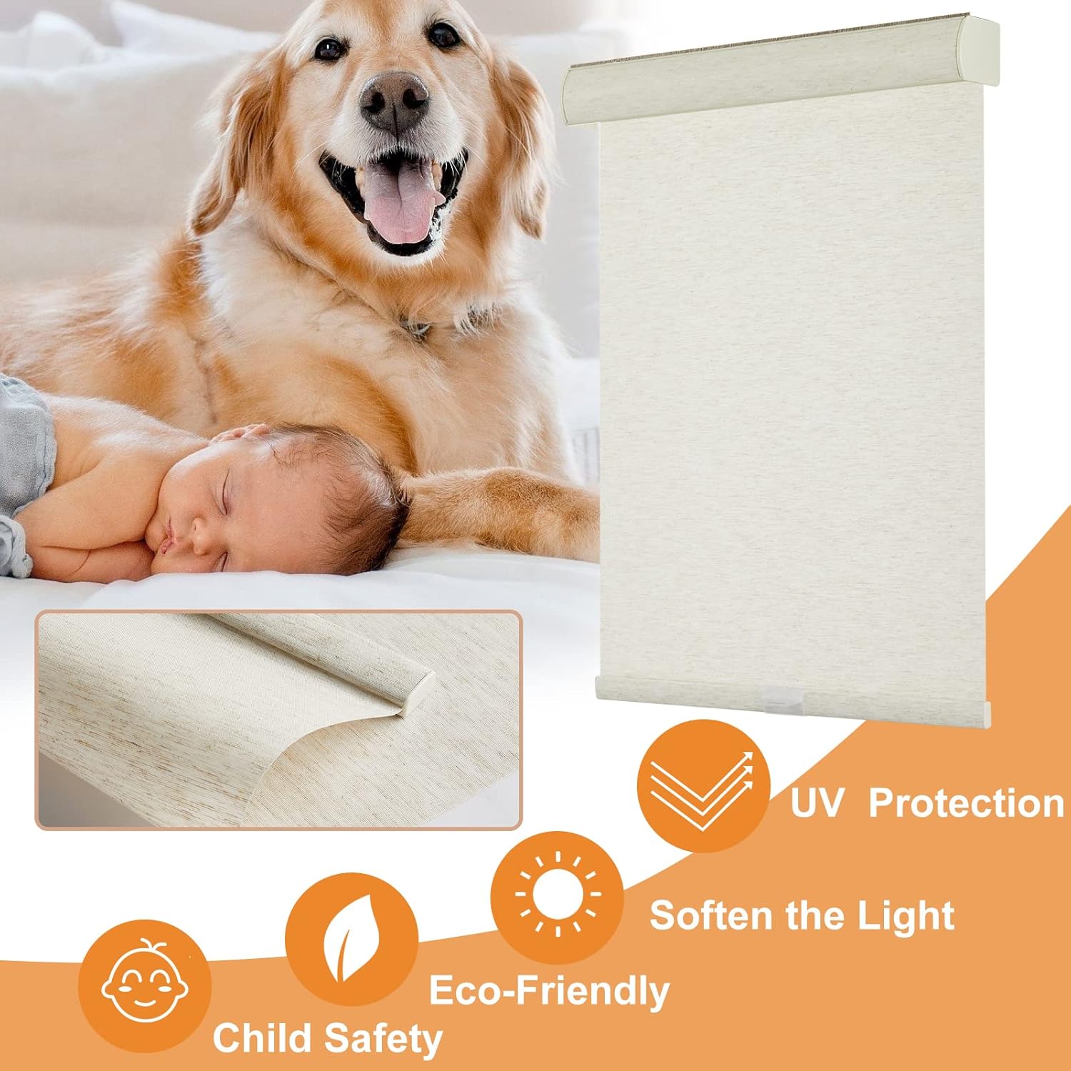 Persilux Free-Stop Cordless Roller Shades for Window Shades Natural Woven Linen Fabric Light Filtering Roller Blinds UV Protection Privacy Window Treatment for Home, Patio (70.5"W x 64"H, Linen Beige)