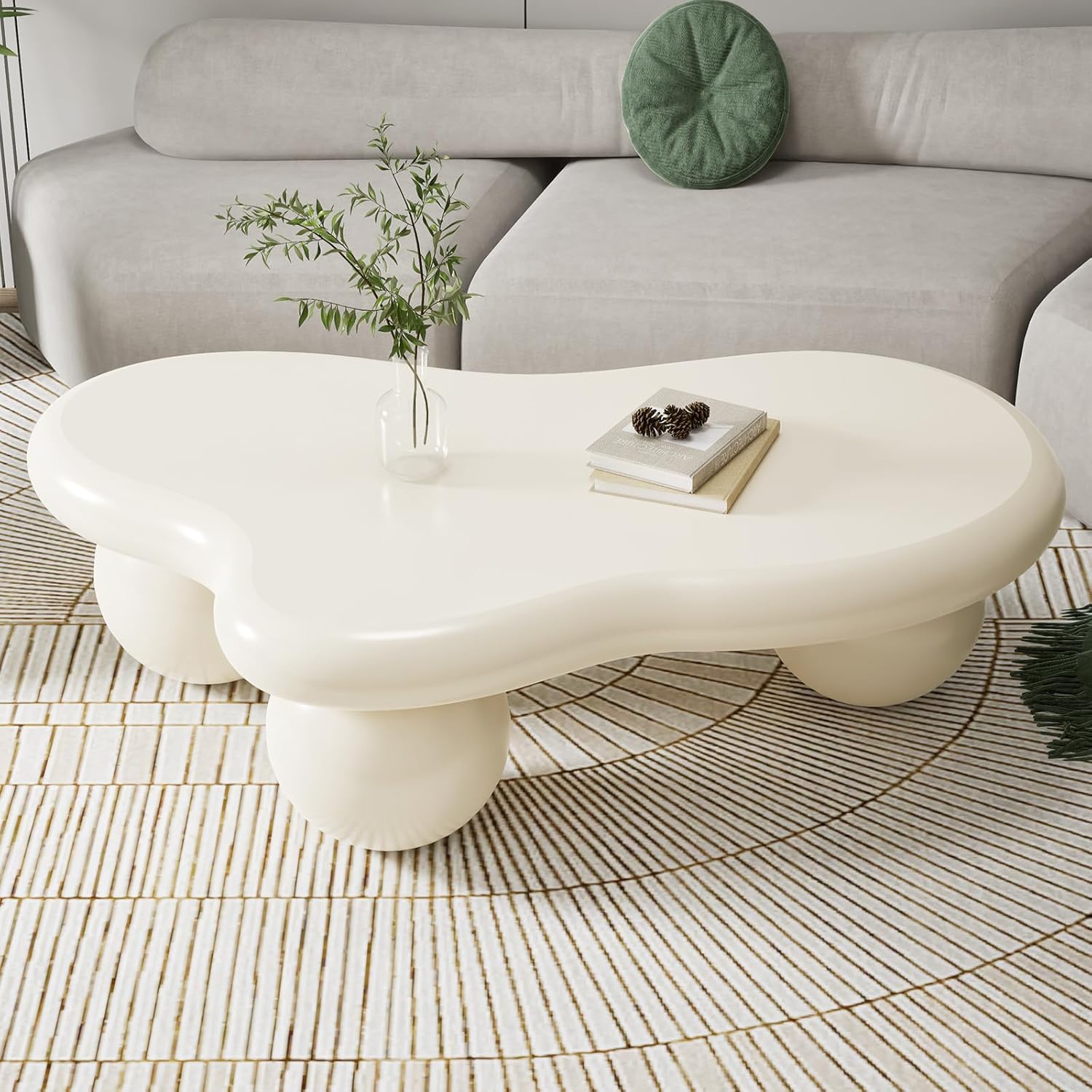 40” Cloud Shaped Coffee Table, Modern Irregular Oval Pedestal Coffee Tables with 3 Bases, Cream Center Table for Bedroom Apartment, Living Room, Farmhouse.