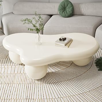 40" Modern White Coffee Table Cloud Shape Low Center Table Cute Irregular Indoor Tea Table with 3 Ball Legs for Living Room Small Space