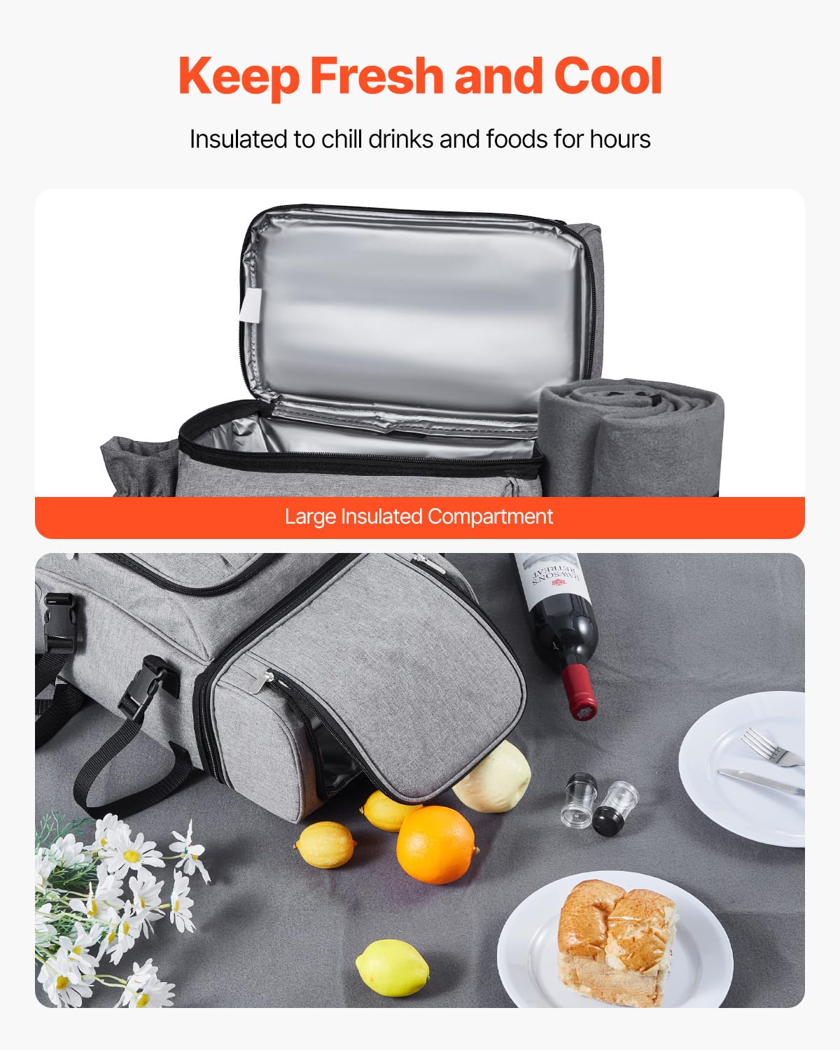 VEVOR Sac à Dos Isotherme pour 4 Personnes, Sac à Dos de Pique-Nique Randonnée Camping, avec Compartiment Isotherme, Porte-Bouteille Amovible, Couverture Légère et Kit Assiettes et Couverts, Gris