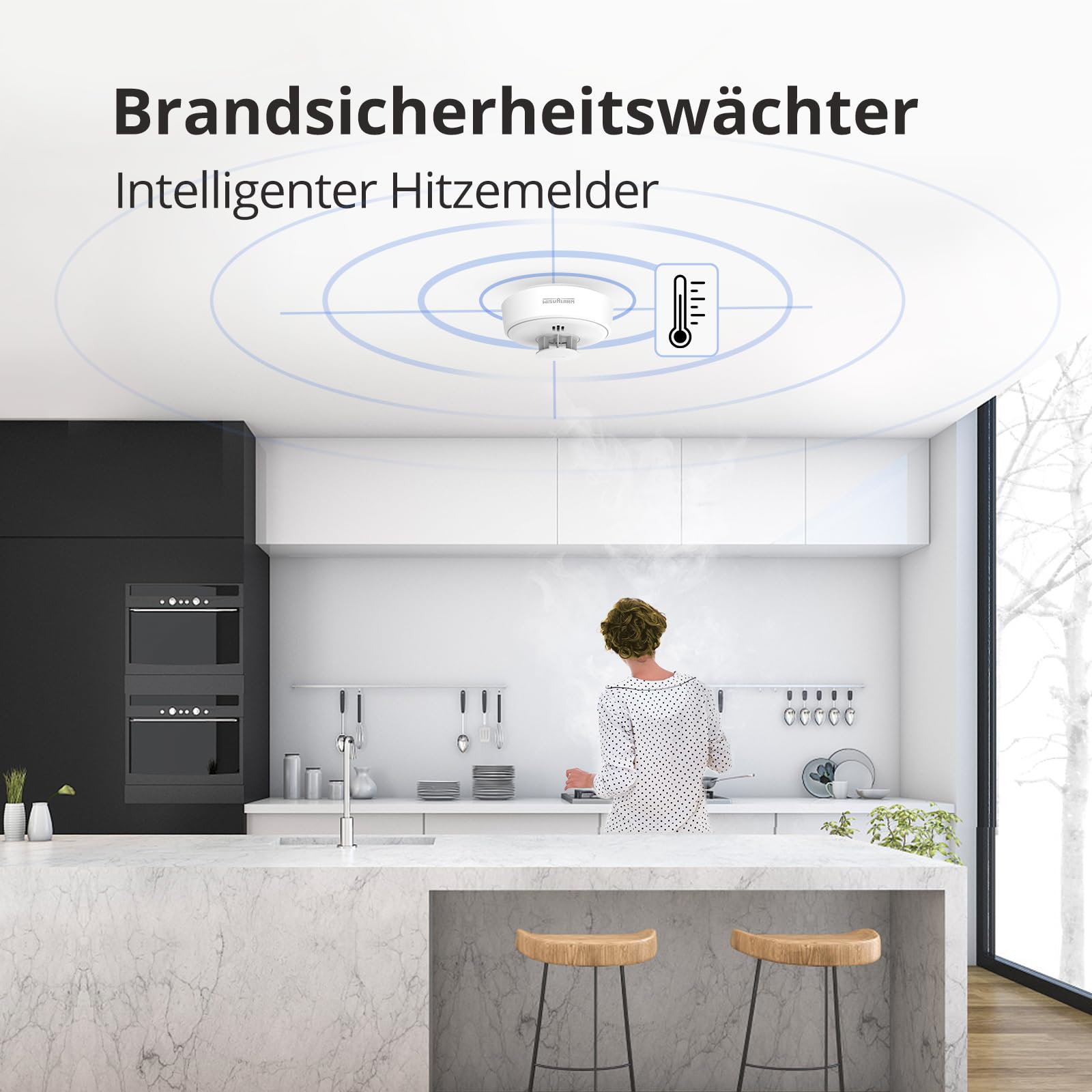 Hitzewarnmelder, 10 Jahre versiegelte Batterie, Hitzemelder Küche, Hitzewarnmelder kann ferngesteuert stummgeschaltet Werden, große Stummschalt-/Testtaste Hitzewarnmelder, BS 5446 Standard