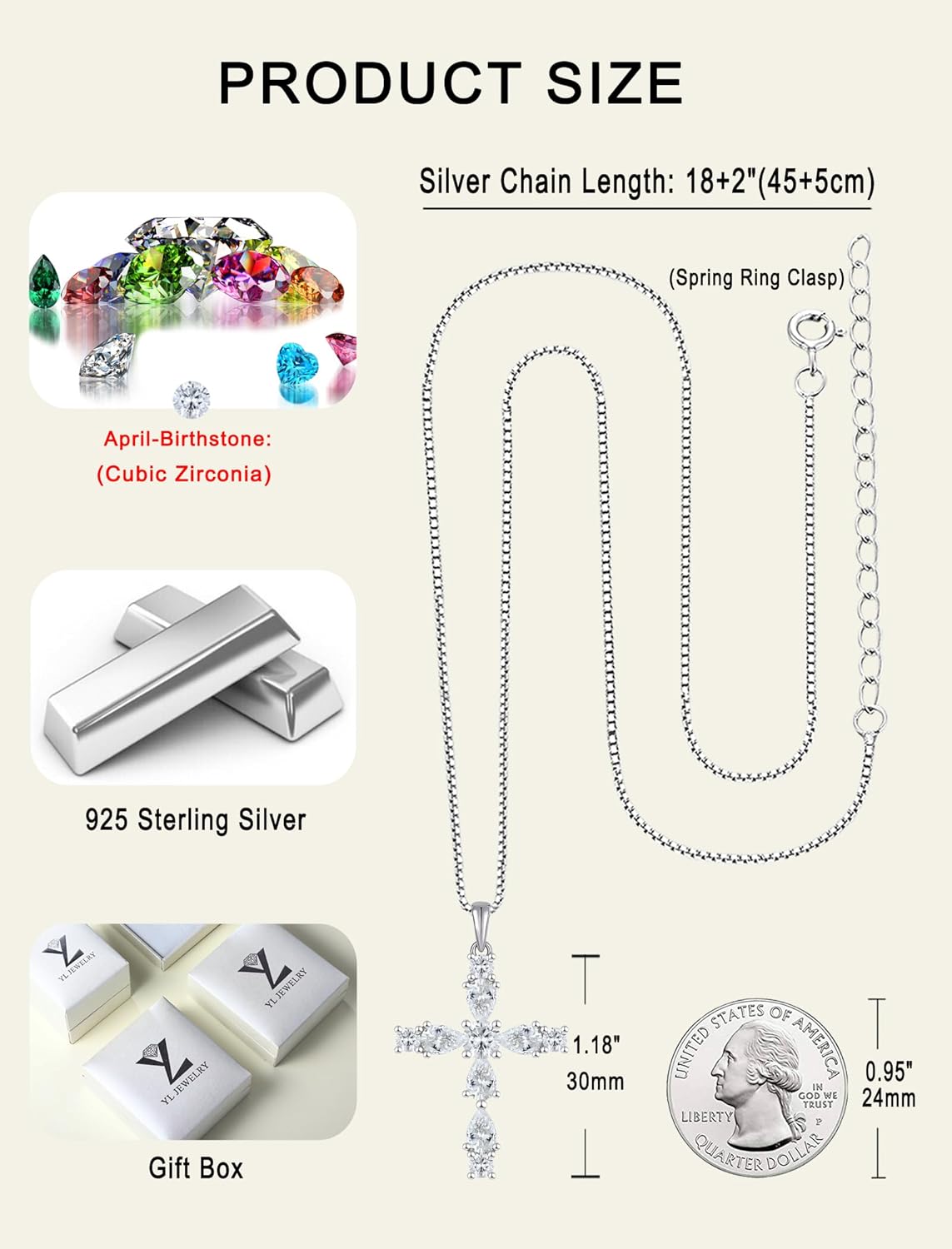 YL Cross Necklace for Women 925 Sterling Silver Halo Gemstone Pendant Birthstone Religious Jewelry for Mom - Image 6