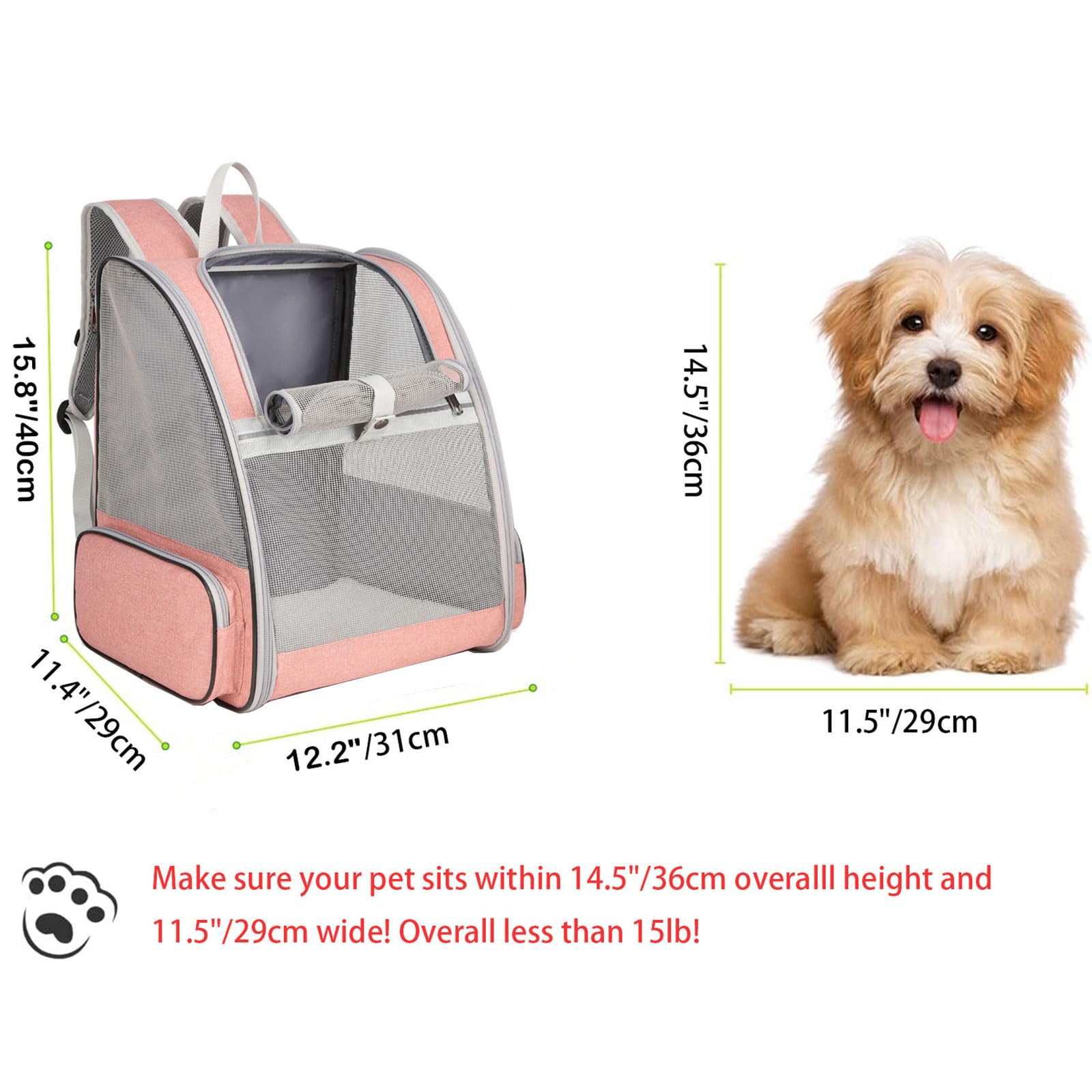 Hunderucksack Katzenrucksack, Haustier Rucksack für Kleine Hunde Welpen bis 6kg Katzenbis 8kg, Atmungsaktive und Faltbar Transportbox mit Fenster und Innerer Sicherheitsleine Wandern, Rosa