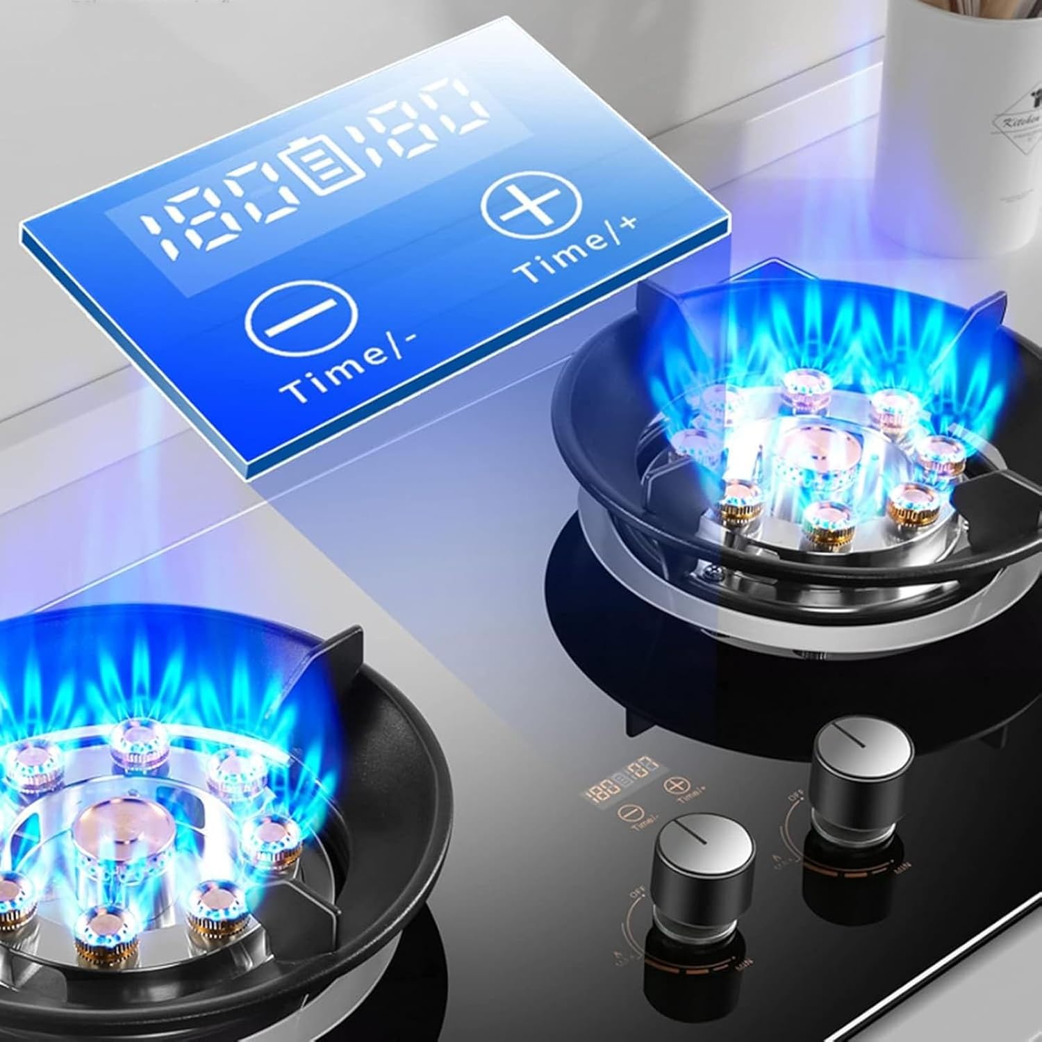 Portable Gas Cooker - 2 Burner Tempered Glass Stove, Camping Kitchen with Timer Function, Auto Ignition(LPG)(NG)