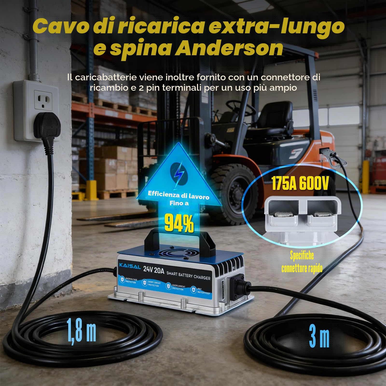 KAISAL 24V 20A Caricabatterie per Carrello Elevatore, 24 V Caricabatterie con Spina Anderson, Caricatore Automatico per Batterie al Piombo da 24 Volt, per Carrello Elevatore e Lavapavimenti