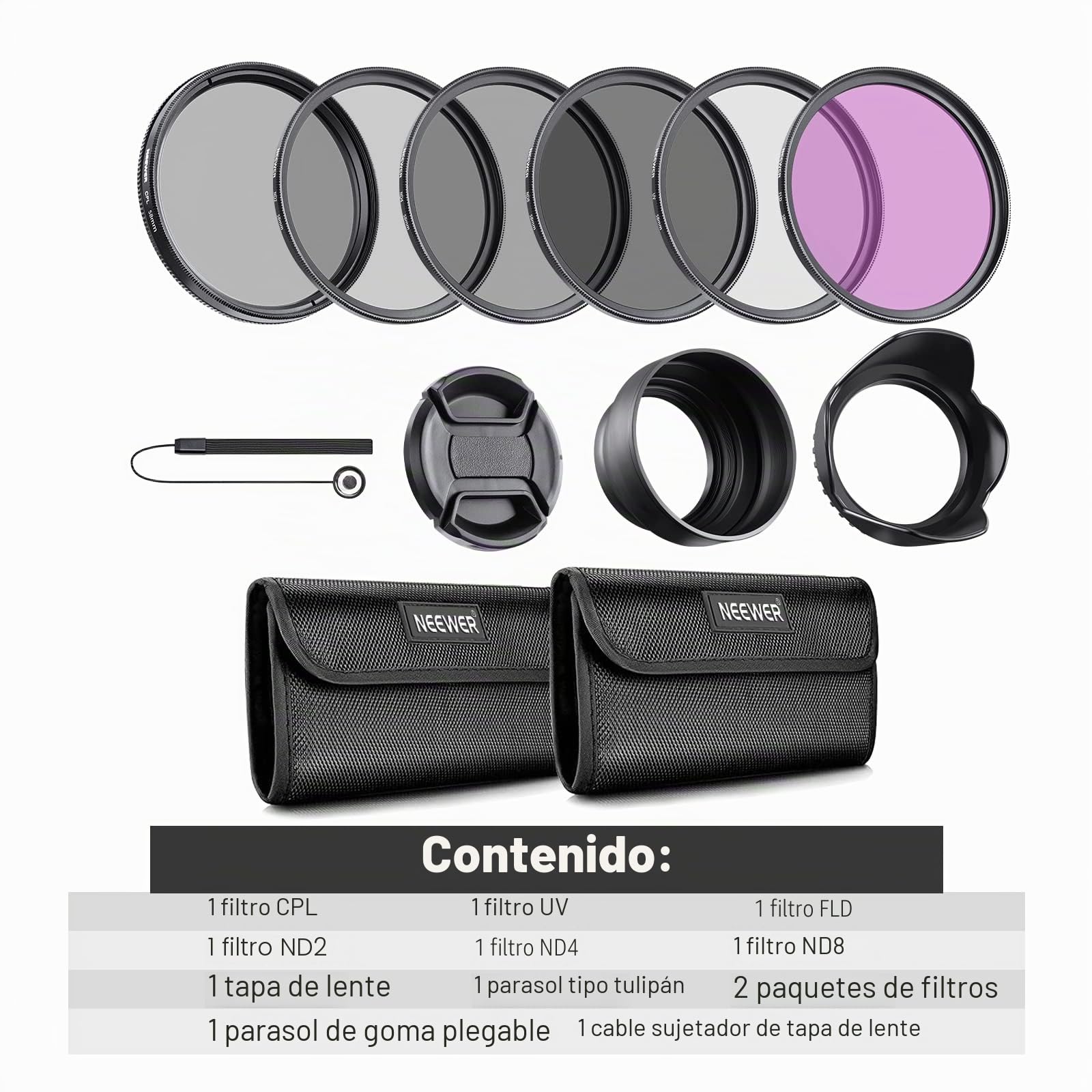NEEWER Kit de Filtros de Lente de 58mm: UV, CPL, FLD, ND2, ND4, ND8, Parasol y Tapa de Lente Compatible con Canon Nikon Sony Panasonic DSLR Cámaras con Lente de 58mm
