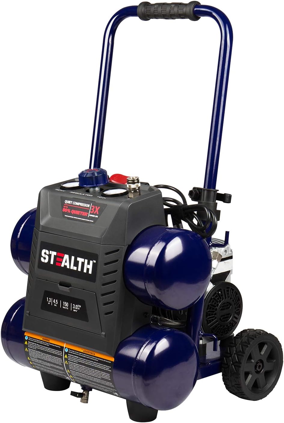 Stealth 4.5 Gallon Ultra Quiet Air Compressor,1.3 HP Oil-Free Peak 150 PSI 65 Decibel Air Compressor,4 CFM @ 40 PSI 3 CFM @ 90 PSI Silent Portable Long Life Electric Air Compressor W/Wheel for Garage