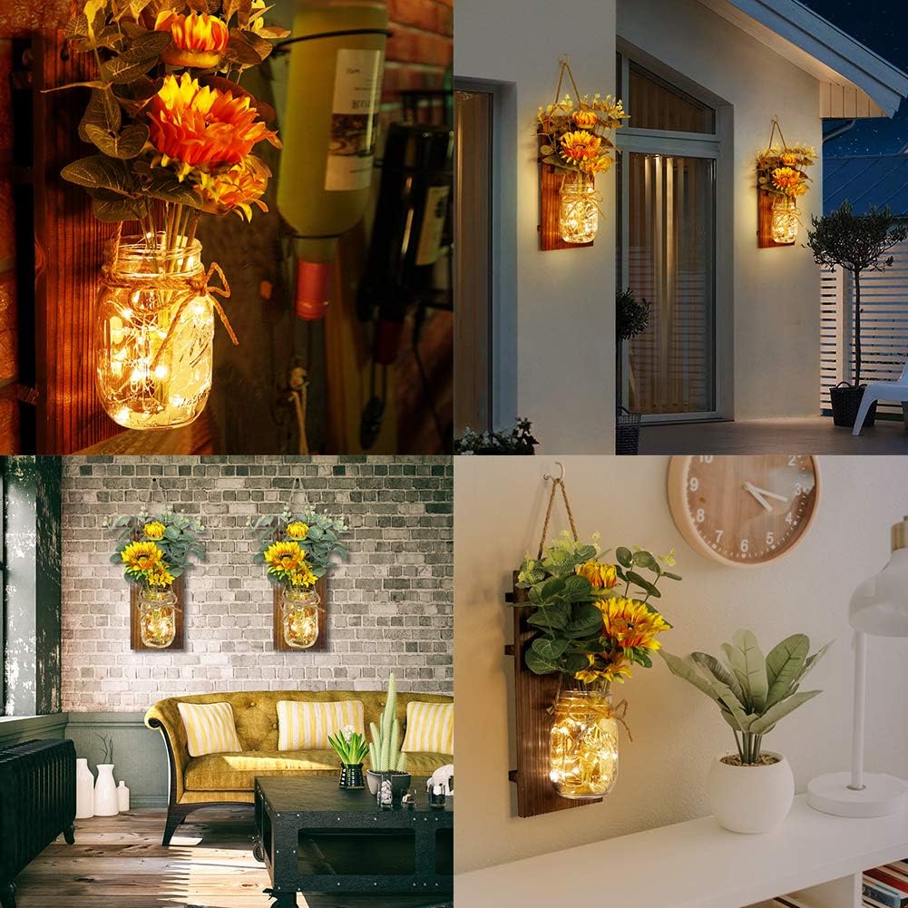 OurWarm Sunflower Wall Sconces Set of Two, Mason Jar Sconces Farmhouse Wall Decor Comes with Remote Control and Warm Toned LED Lights, Rustic Sunflower Decor for Home Kitchen Dining Room Living Room